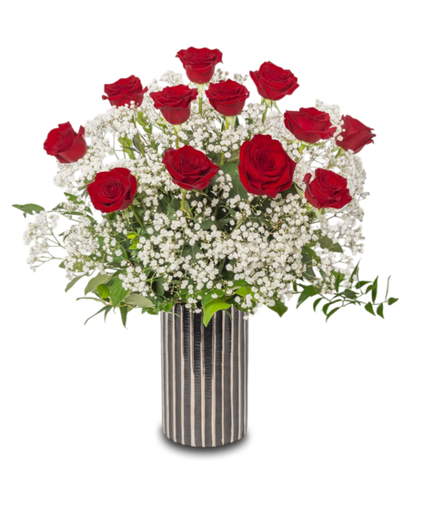 Passion Roses with Red Freedom Roses and baby’s breath in a black ceramic vase with silver accents, showcasing elegance and freshness from Walter Knoll Florist.