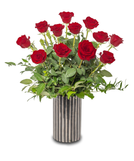 Passion Roses arrangement with Red Freedom Roses in a black ceramic vase with silver accents, showcasing elegance and freshness from Walter Knoll Florist.