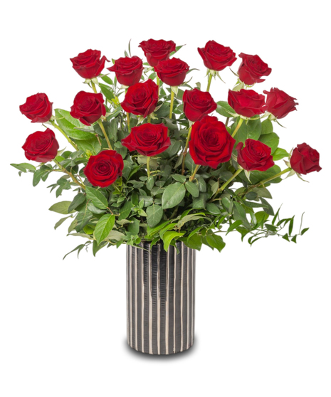 Passion Roses arrangement with Red Freedom Roses in a black ceramic vase with silver accents, showcasing elegance and freshness from Walter Knoll Florist.