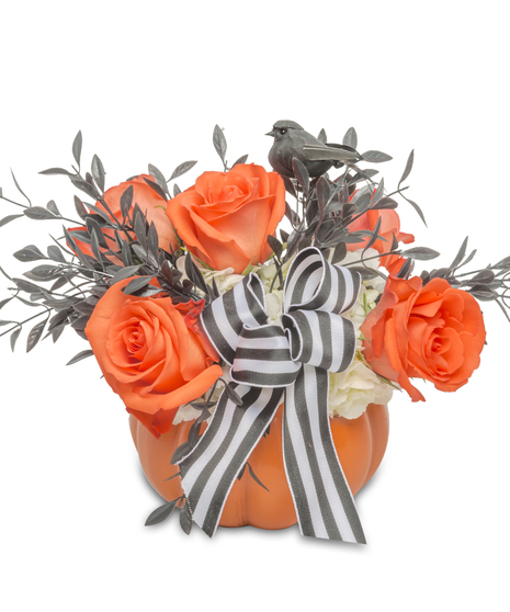 Pumpkin filled with white hydrangeas, orange roses, black faux leaves, a black bird, and a Beetlejuice-inspired bow, perfect for Halloween and fall celebrations.