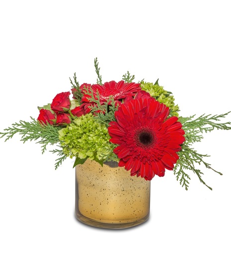 Jolly Joy' Floral Arrangement: Red Gerbera Daisies, Red Roses, Green Hydrangeas - a vibrant holiday delight