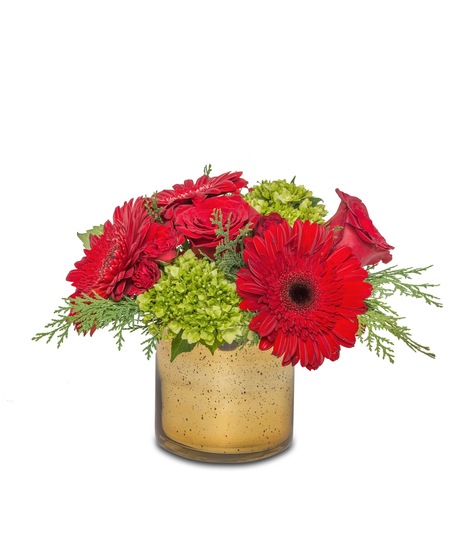 Jolly Joy' Floral Arrangement: Red Gerbera Daisies, Red Roses, Green Hydrangeas - a vibrant holiday delight