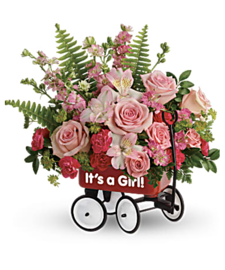 Floral arrangement in a red wagon with pink roses, alstroemeria, miniature carnations, and lush ferns, celebrating the arrival of a baby girl with an “It’s a Girl!” sign.