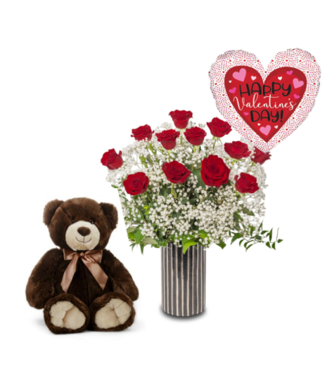 A bouquet of a dozen roses with Baby’s Breath, paired with a large brown plush bear and a Valentine-themed balloon for a charming gift set.