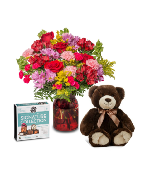 A soft espresso brown plush bear paired with a box of gourmet chocolates, creating a charming and thoughtful gift set for any romantic or special occasion.