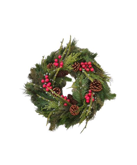 Image of Classic Faux Wreath: Timeless winter adornment with artificial cedar, douglas fir, princess pine, red berries, and pinecones, exuding everlasting elegance