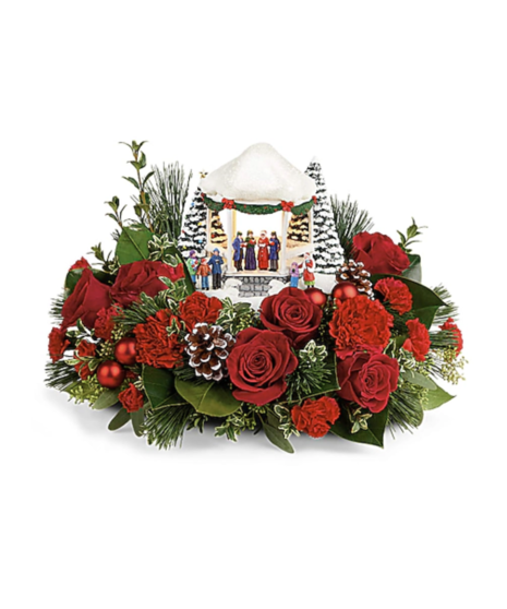 Sweet Sounds of Christmas' Collectible: Snow-covered gazebo, carolers, and festive florals - a charming holiday scene.