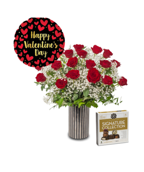 A vibrant bouquet of 18 premium red roses arranged with delicate Baby’s Breath, paired with a Valentine-themed balloon and a large box of chocolates.