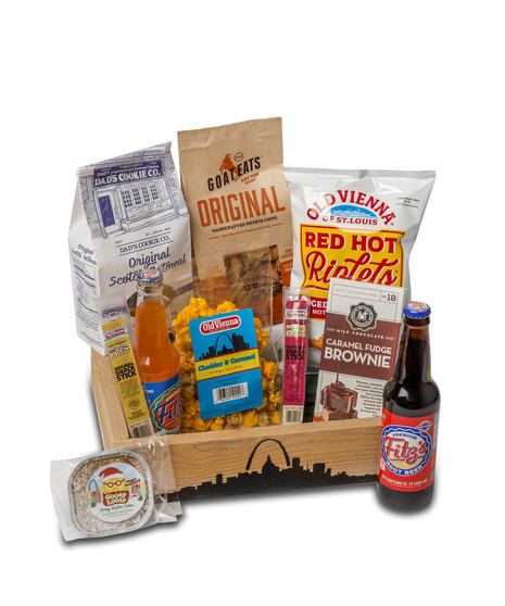 Saint Louis Gift Basket: gourmet treats like Fitz's Root Beer, Gooey Louie Butter Cake, and more in a keepsake wooden tray.