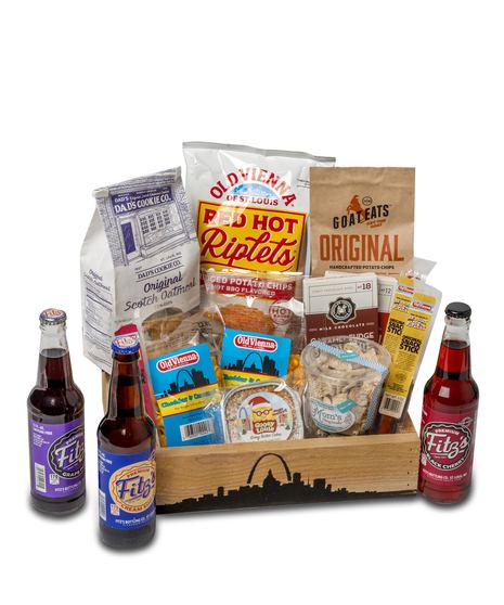 Saint Louis Gift Basket: gourmet treats like Fitz's Root Beer, Gooey Louie Butter Cake, and more in a keepsake wooden tray.