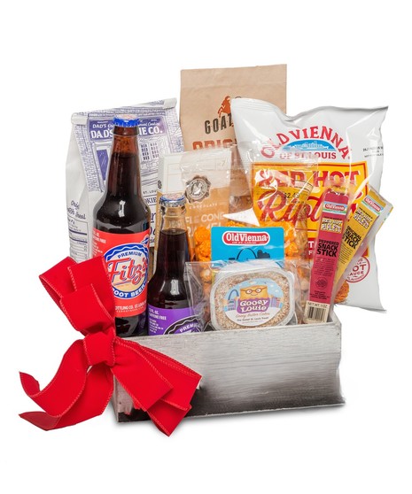 Saint Louis Gift Basket: gourmet treats like Fitz's Root Beer, Gooey Louie Butter Cake, and more in a keepsake wooden tray.