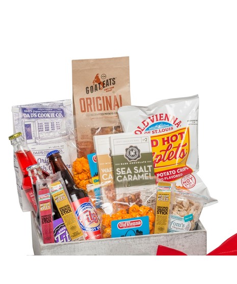 Saint Louis Gift Basket: gourmet treats like Fitz's Root Beer, Gooey Louie Butter Cake, and more in a keepsake wooden tray.