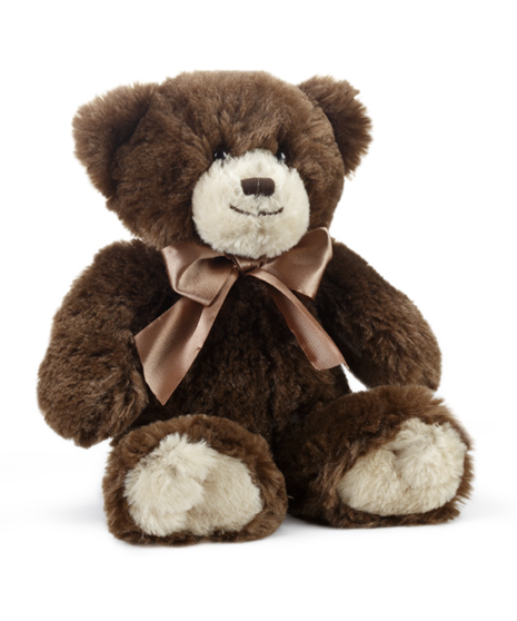 Three brown plush bears in small, medium, and large sizes sitting together with brown ribbons, showcasing a classic and timeless teddy bear design.