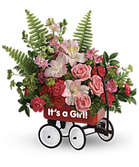 Floral arrangement in a red wagon with pink roses, alstroemeria, miniature carnations, and lush ferns, celebrating the arrival of a baby girl with an “It’s a Girl!” sign.