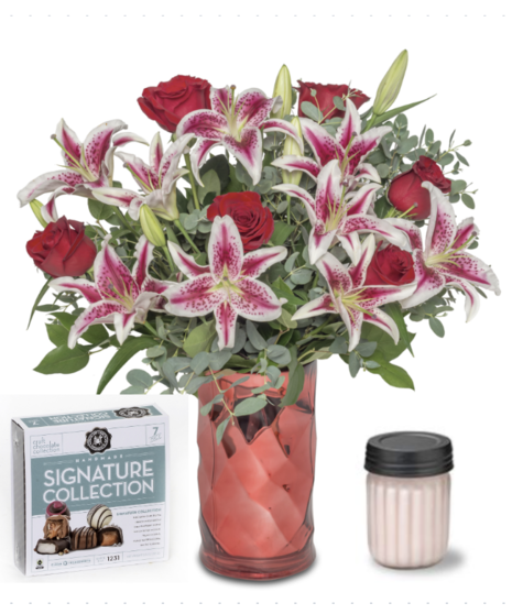 Starstruck Package: Stargazer Lilies & Roses arrangement with chocolates and scented candle – a celestial symphony for a sensory journey of love.