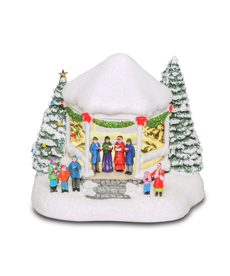 Sweet Sounds of Christmas' Collectible: Snow-covered gazebo, carolers, and festive florals - a charming holiday scene.