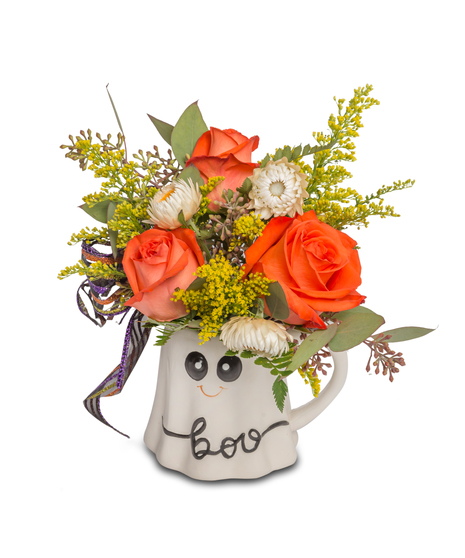 Handcrafted Halloween floral arrangement with orange roses, strawflowers, and yellow solidago in a ghost-themed 