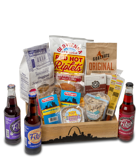 Saint Louis Gift Basket: gourmet treats like Fitz's Root Beer, Gooey Louie Butter Cake, and more in a keepsake wooden tray.