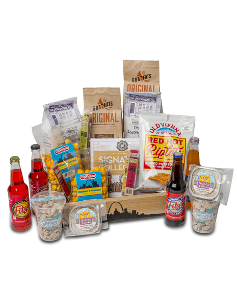 Saint Louis Gift Basket: gourmet treats like Fitz's Root Beer, Gooey Louie Butter Cake, and more in a keepsake wooden tray.