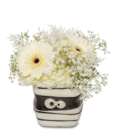 Spooky 'Mummy' arrangement with ghostly white blooms – perfect for Halloween