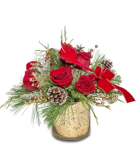 Holiday centerpiece with a red cardinal, pinecones, red velvet ribbon, gold berries, and winter greens in a gold vase