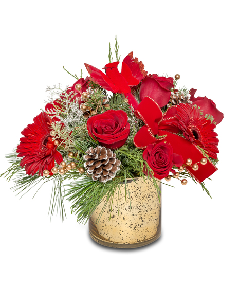 Holiday centerpiece with a red cardinal, pinecones, red velvet ribbon, gold berries, and winter greens in a gold vase