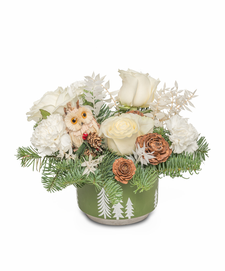 Green pot arrangement with white roses, carnations, wintergreens, pinecones, and an owl decoration