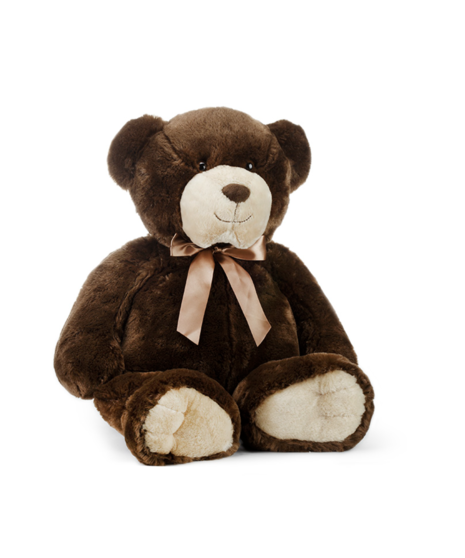 Three brown plush bears in small, medium, and large sizes sitting together with brown ribbons, showcasing a classic and timeless teddy bear design.