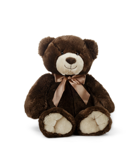 Three brown plush bears in small, medium, and large sizes sitting together with brown ribbons, showcasing a classic and timeless teddy bear design.