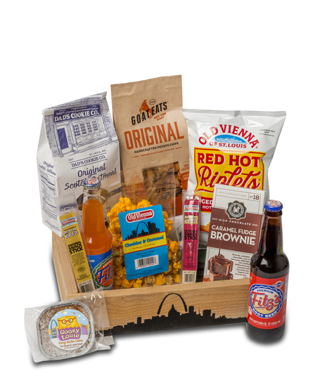 Saint Louis Gift Basket: gourmet treats like Fitz's Root Beer, Gooey Louie Butter Cake, and more in a keepsake wooden tray.