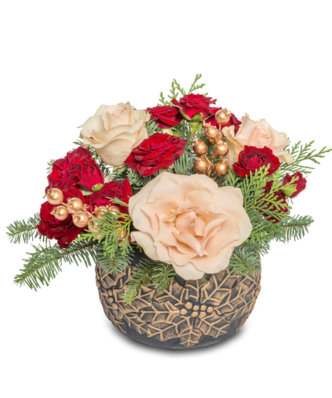 Black pot embossed with poinsettia holding taupe roses, burgundy flowers, fresh cedar, fir, and gold berries, crafted by Walter Knoll Florist